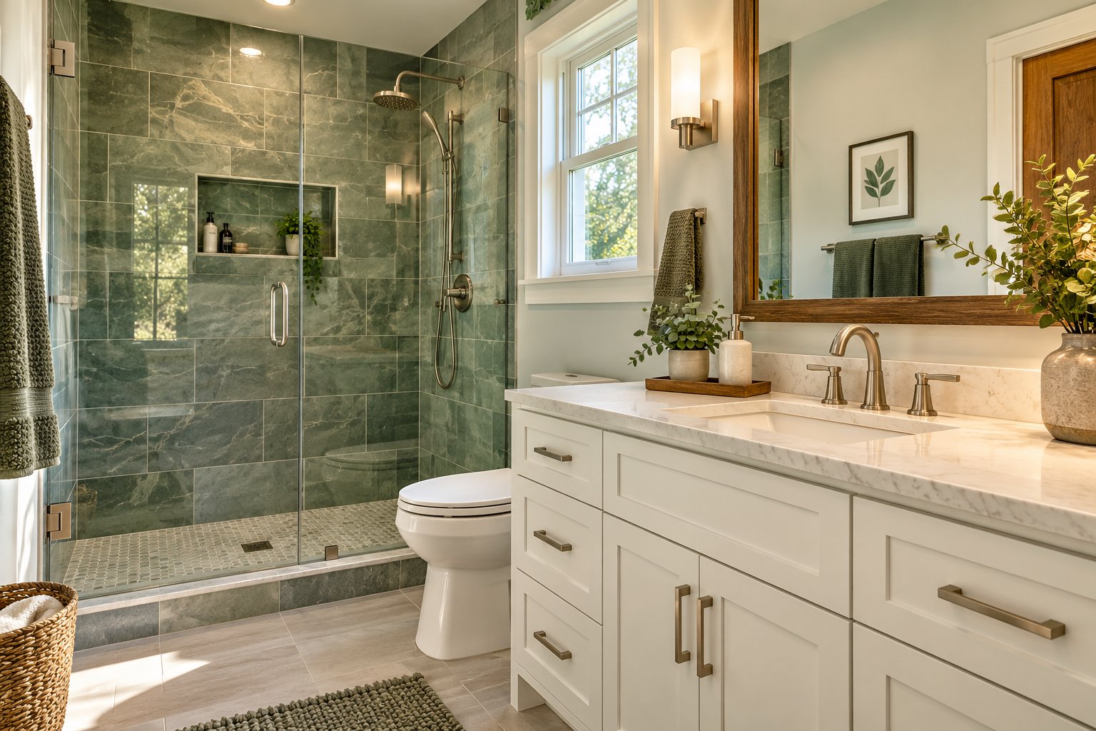 Renovated bathroom with tiled shower, vanity and modern fixtures