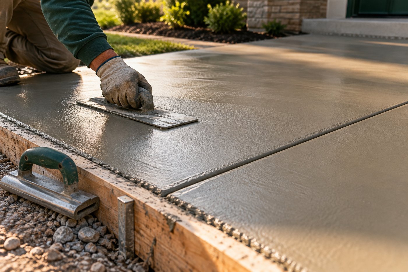 Workers screeding and finishing wet concrete for a driveway pour