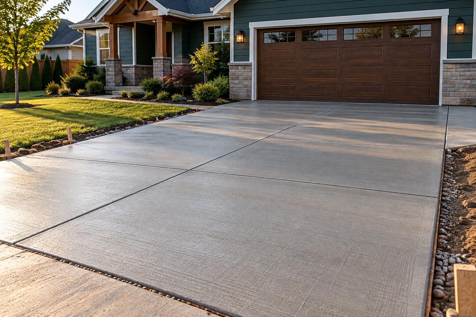 Freshly poured concrete driveway with a broom finish in front of a house