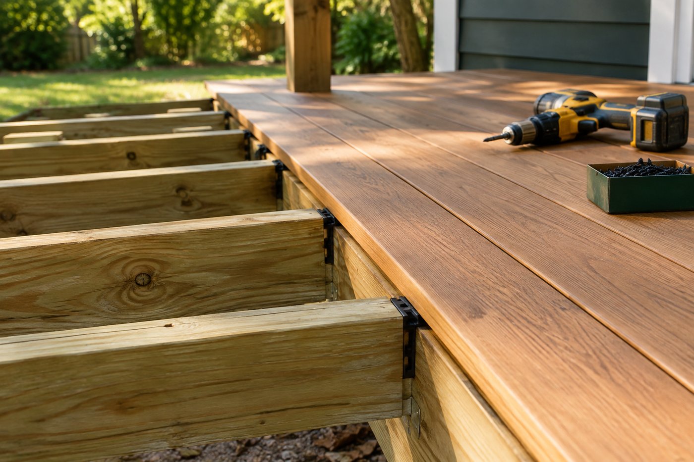 Deck framing under construction showing joists, beams and concrete footings