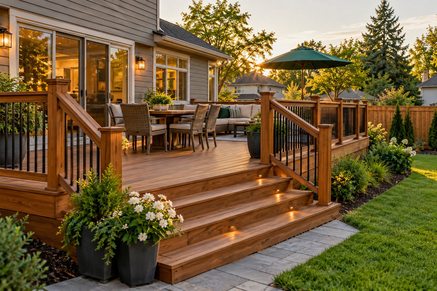 Newly built wooden deck with railing and steps leading down to a lawn