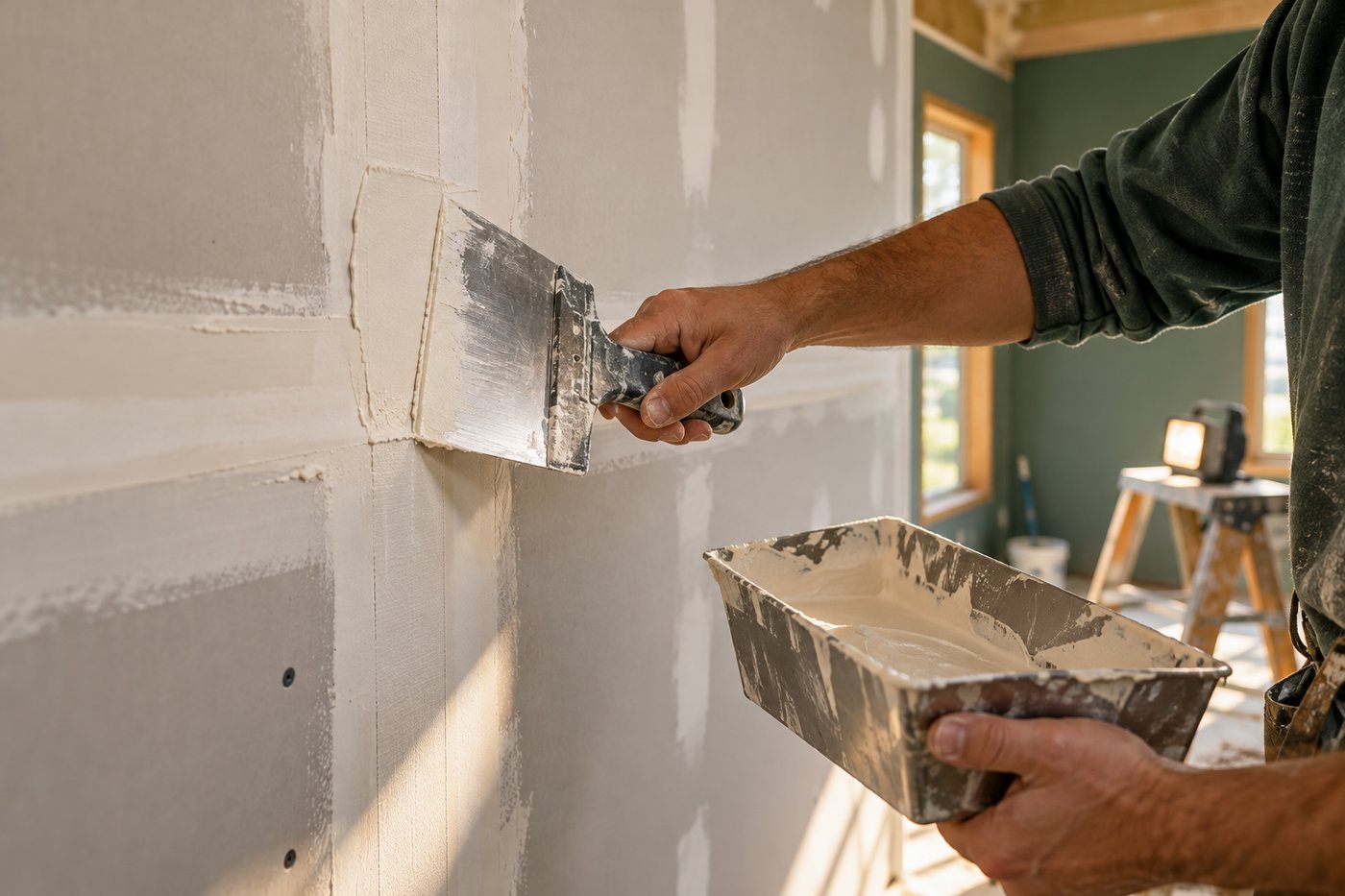 Finisher applying joint compound over taped drywall seams with a wide knife