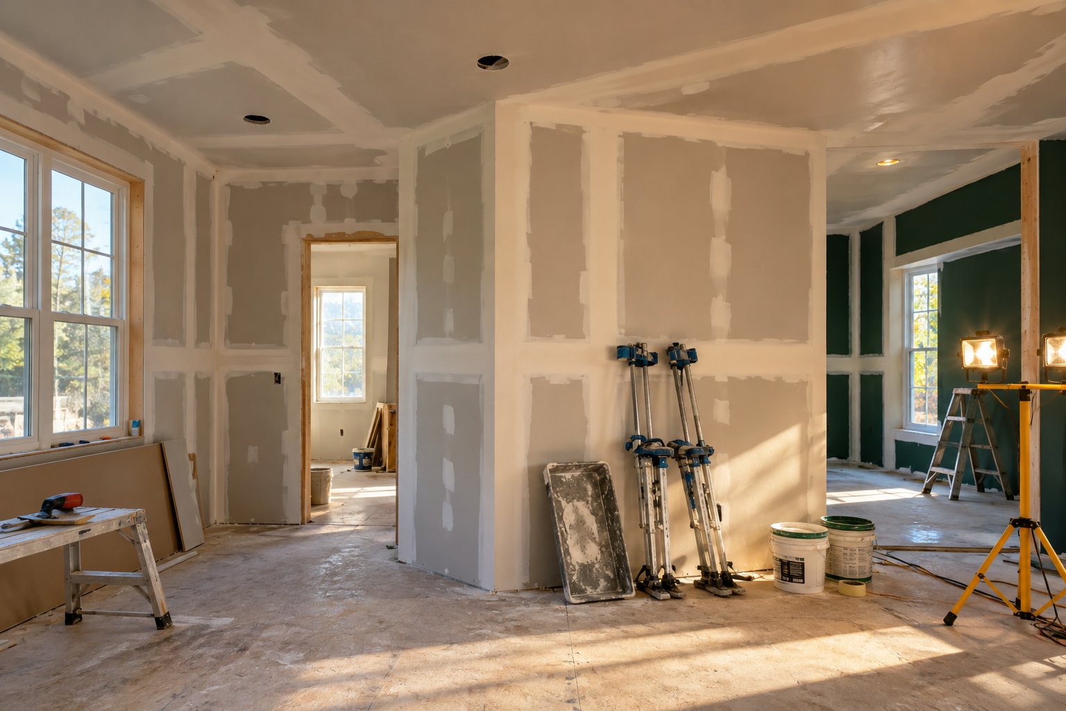 Worker installing drywall sheets on a framed interior wall