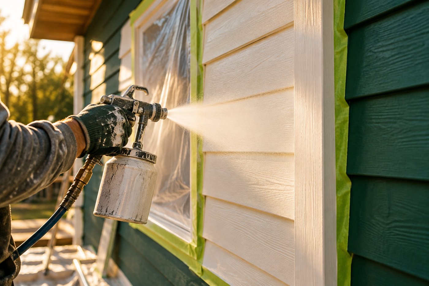 Worker scraping and sanding weathered paint on wooden siding before repainting