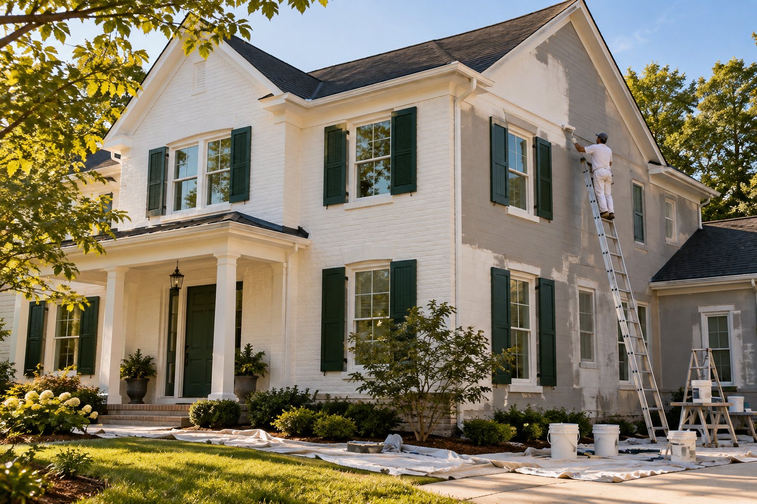 Painter spraying fresh paint on the exterior siding of a house