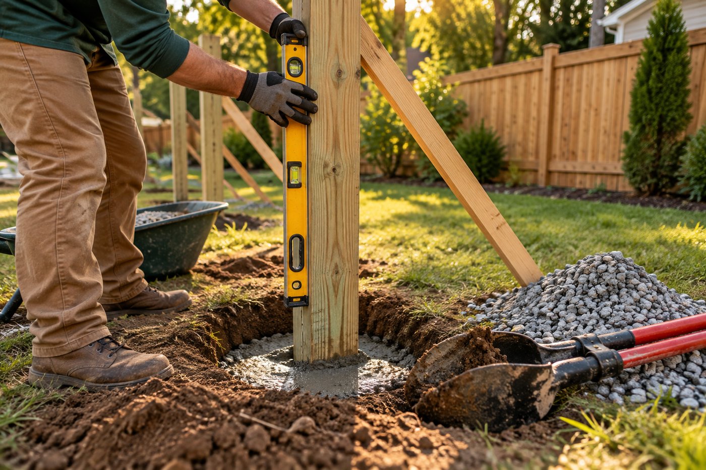 Fence posts set in concrete with rails attached before pickets go on