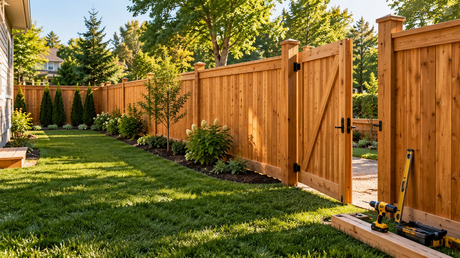 New wooden privacy fence running along a suburban backyard
