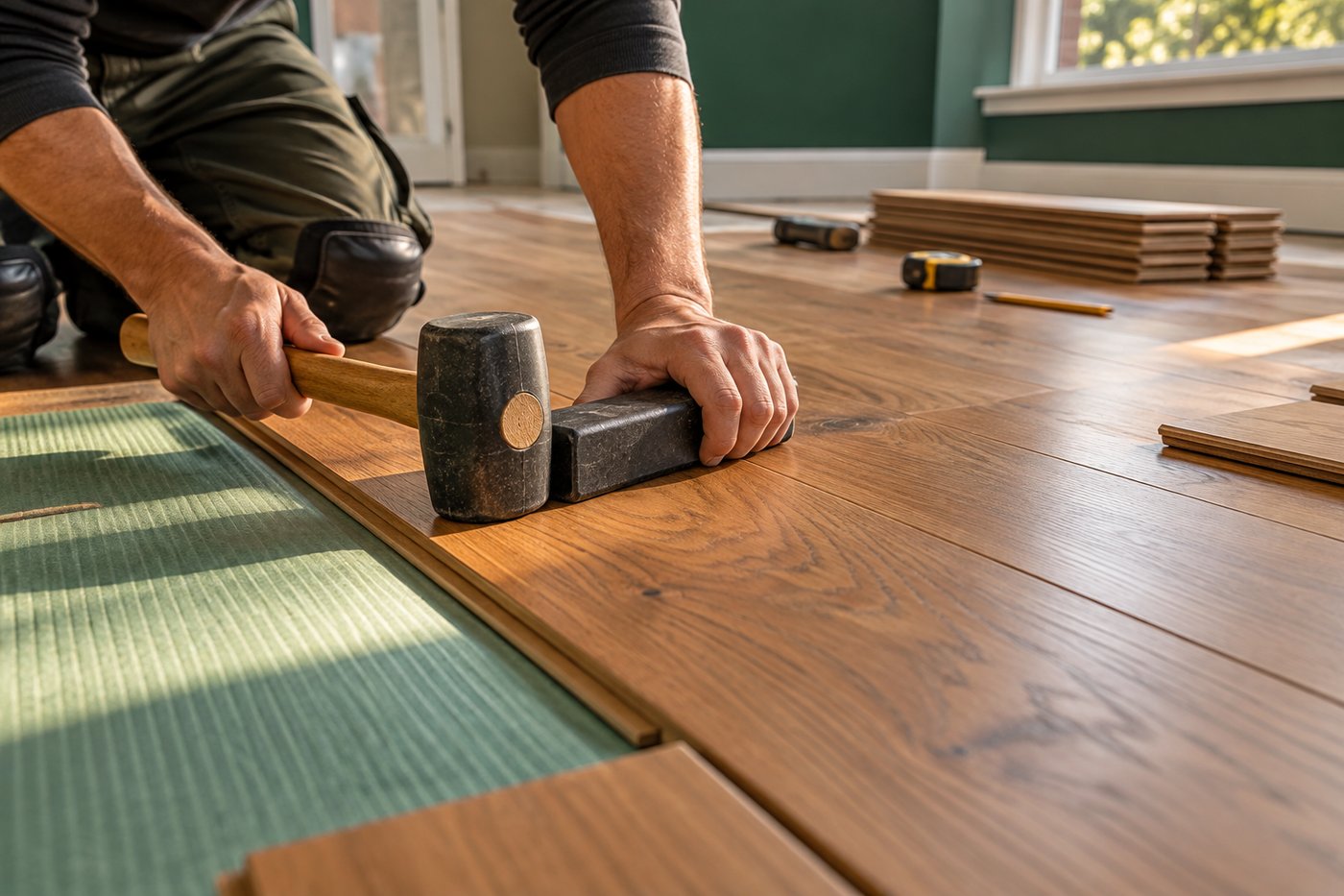 Close view of luxury vinyl planks being clicked together over underlayment