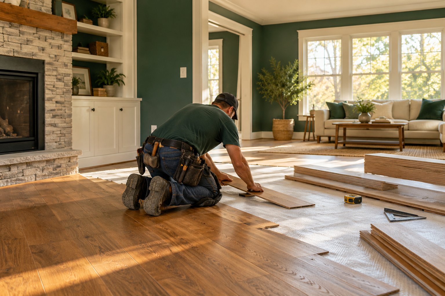 Installer laying engineered hardwood planks in a bright living room