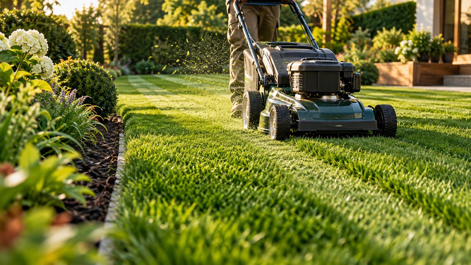 Close view of a freshly edged lawn border along a planted garden bed