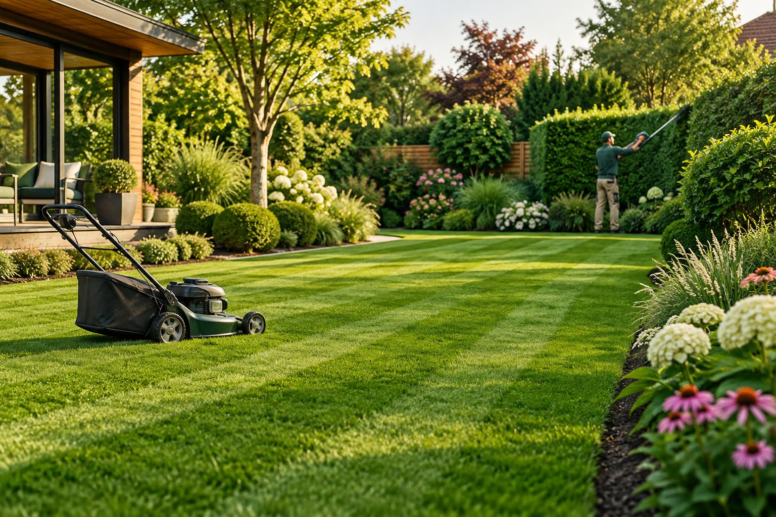 Garden maintenance crew mowing and edging a neat suburban lawn