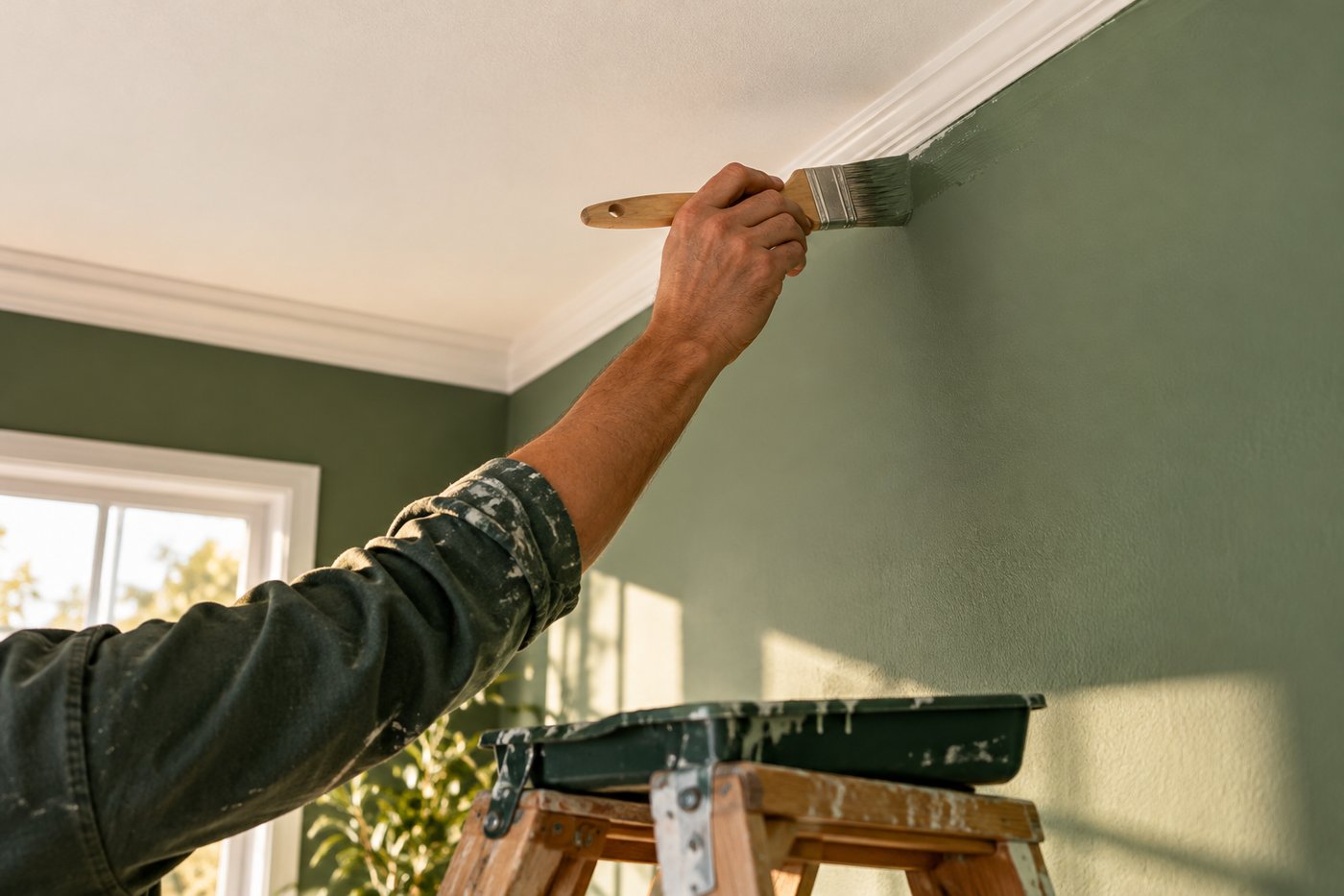Painter cutting in carefully around window trim with a brush
