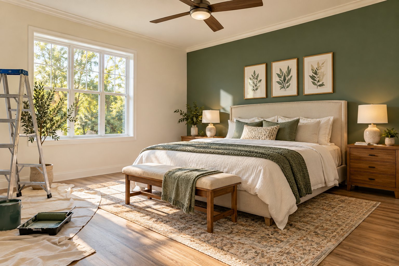 Painter rolling fresh paint onto an interior living room wall