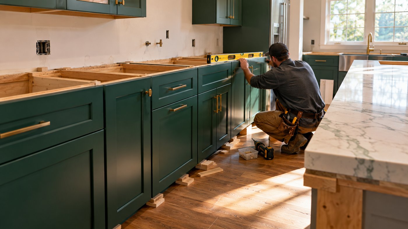 Carpenter installing kitchen cabinets with a level and shims