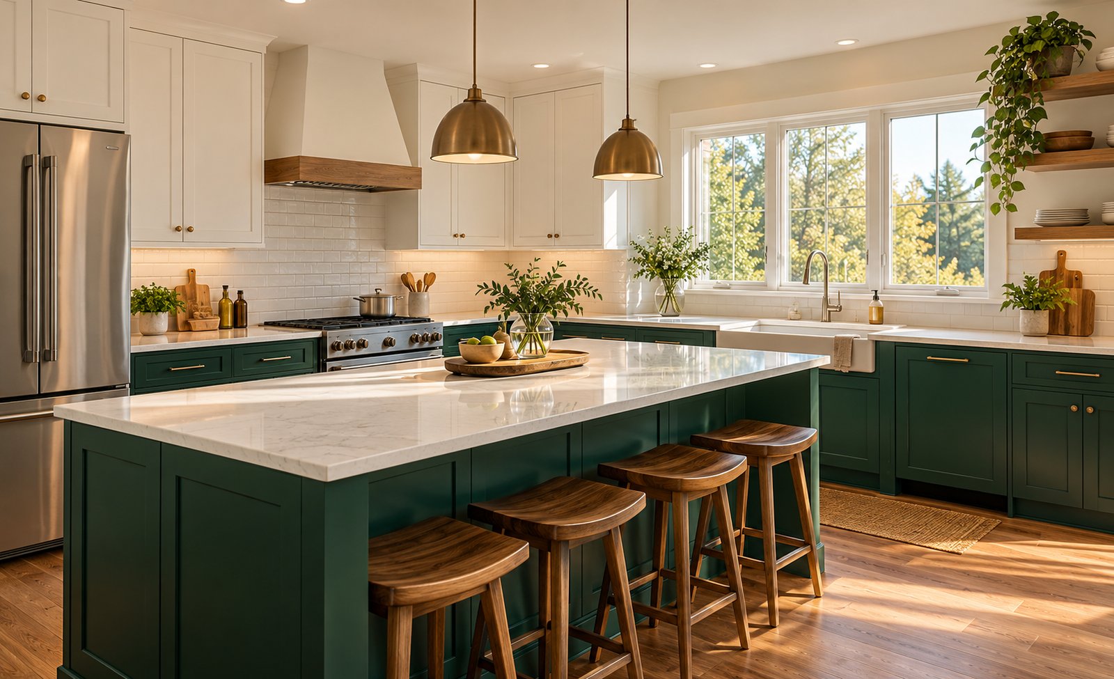 Renovated kitchen with new cabinets, quartz countertops and an island