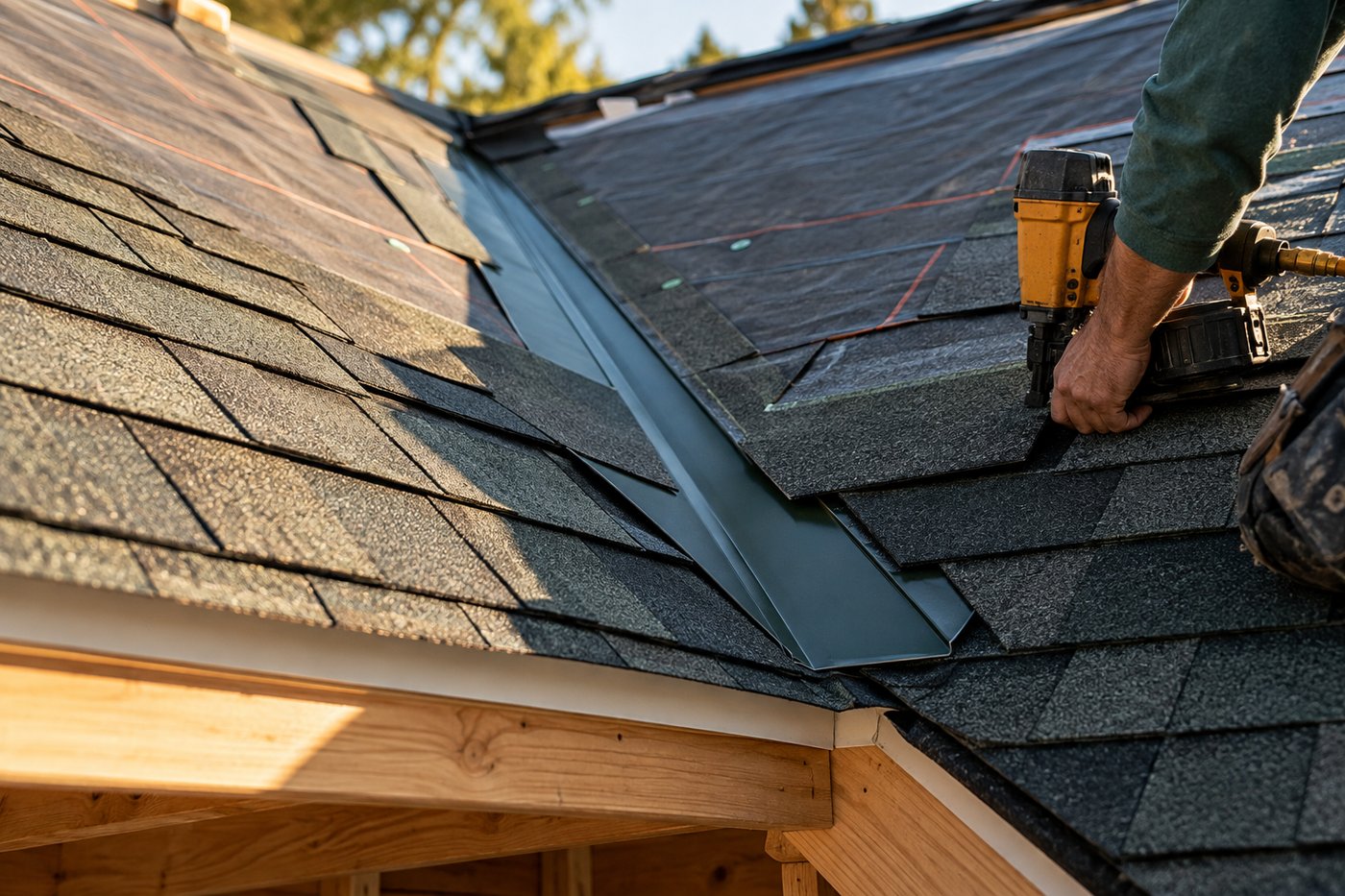 Close view of new architectural shingles with ridge cap and flashing