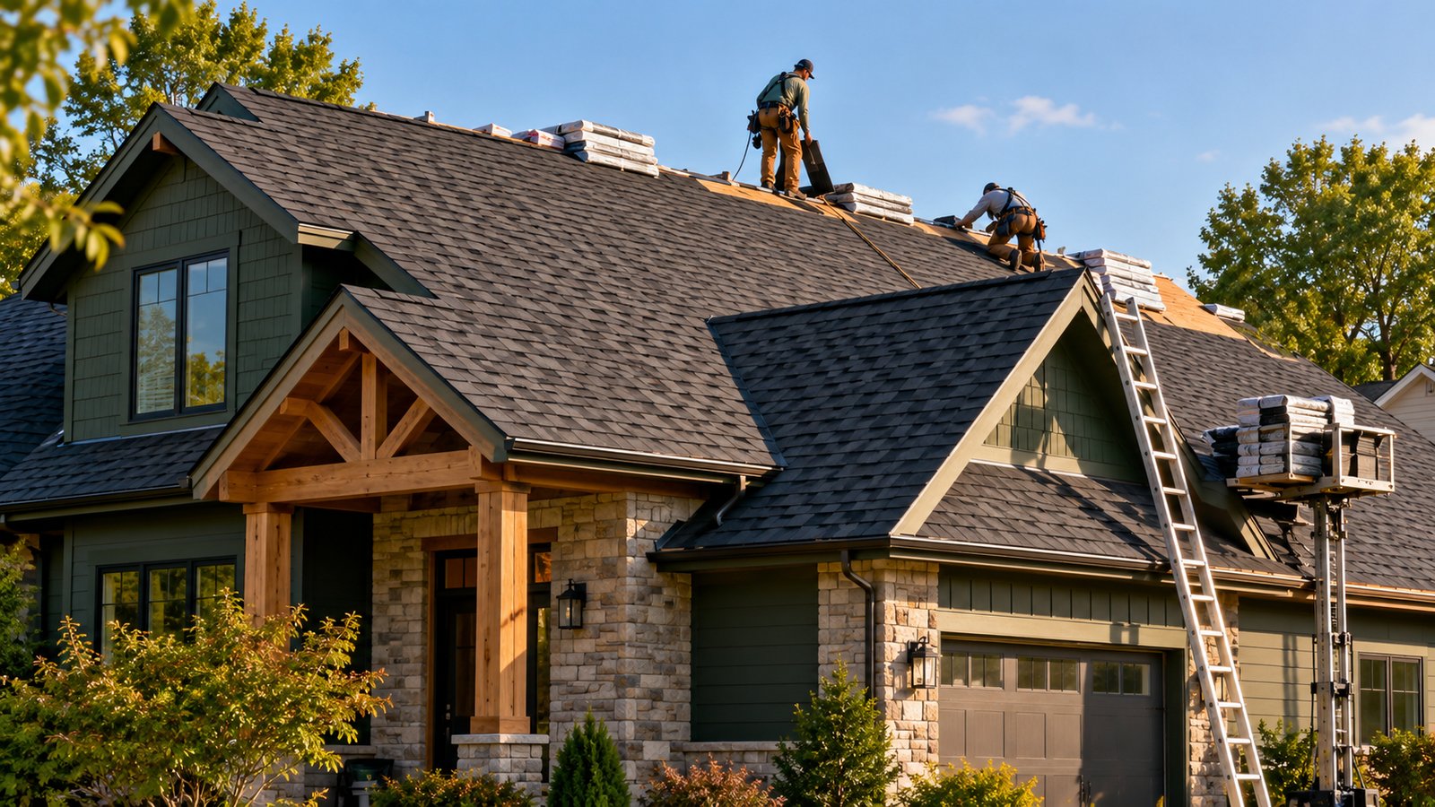 Roofers installing architectural asphalt shingles on a house roof