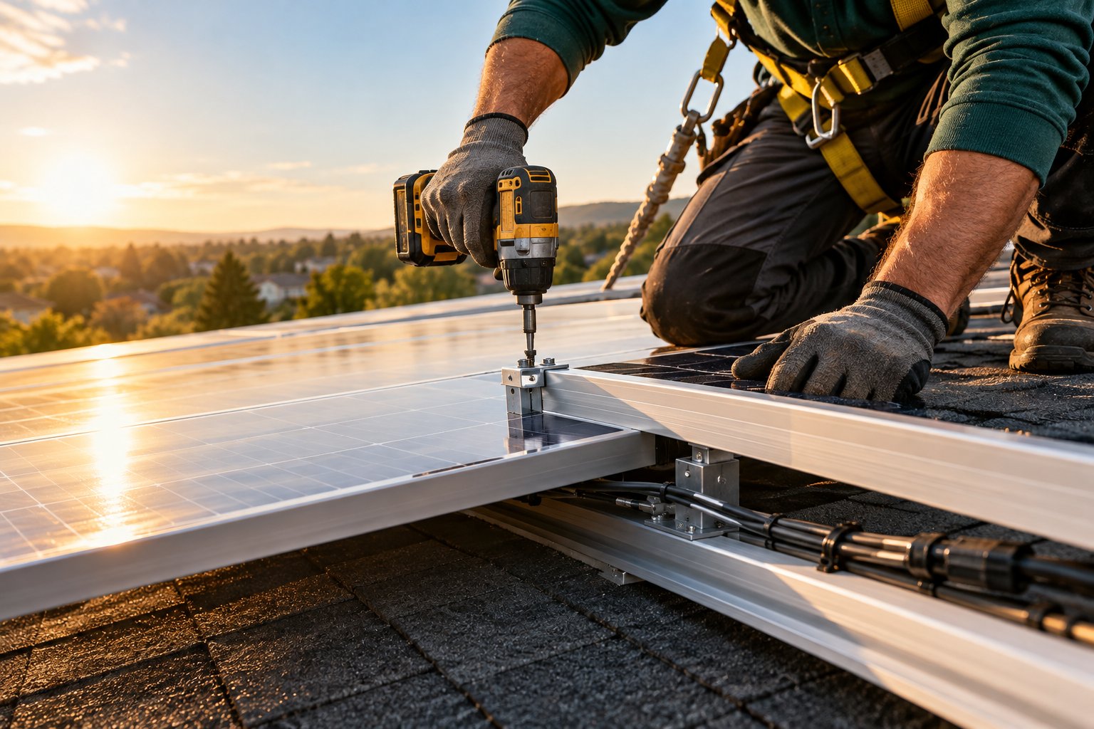 Installer securing a solar panel to aluminium racking on a residential roof