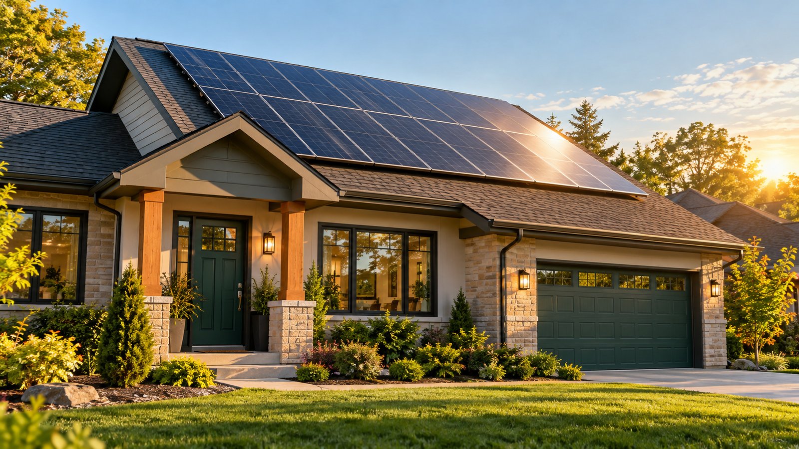 Rooftop solar panels being installed on a suburban home under a clear sky