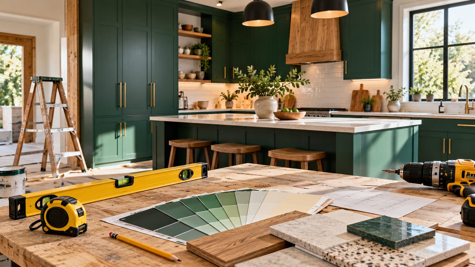 Homeowner planning a kitchen renovation with tile samples, paint swatches, tape measure and level on a workbench